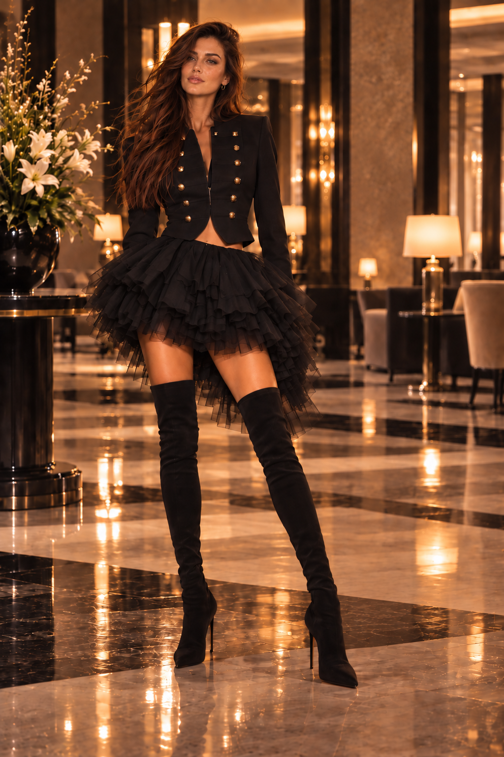 Mily Vail en un vestíbulo elegante, con chaqueta negra, falda de tul y botas altas