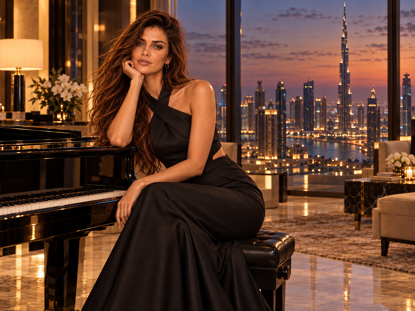 Mily Vail sentada junto a un piano, con vista nocturna de Dubái y el Burj Khalifa